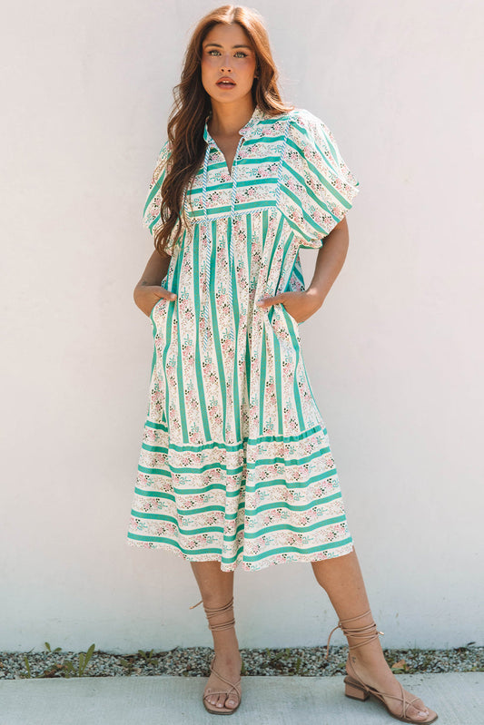 Billie Striped Floral Tie Split Neck Puff Sleeve Midi Dress-0