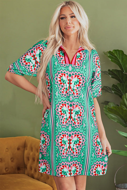 Isabela Butterfly Print Split Neck Short Sleeve Dress-0