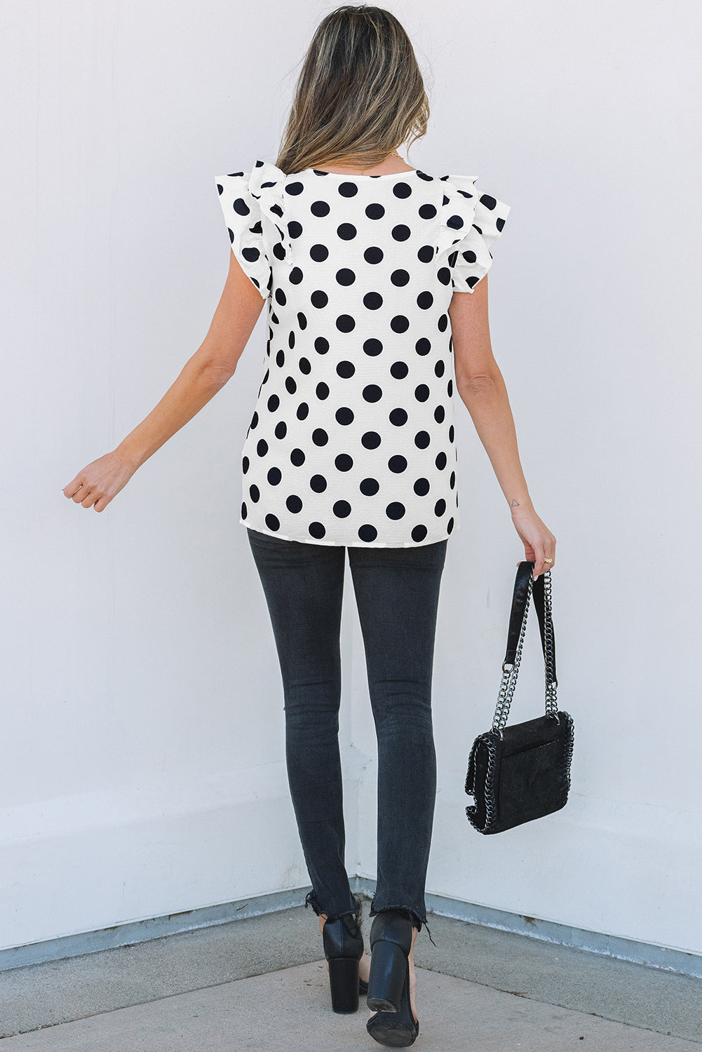 Halo Polka Dot Ruffled Sleeve V Neck Blouse-1