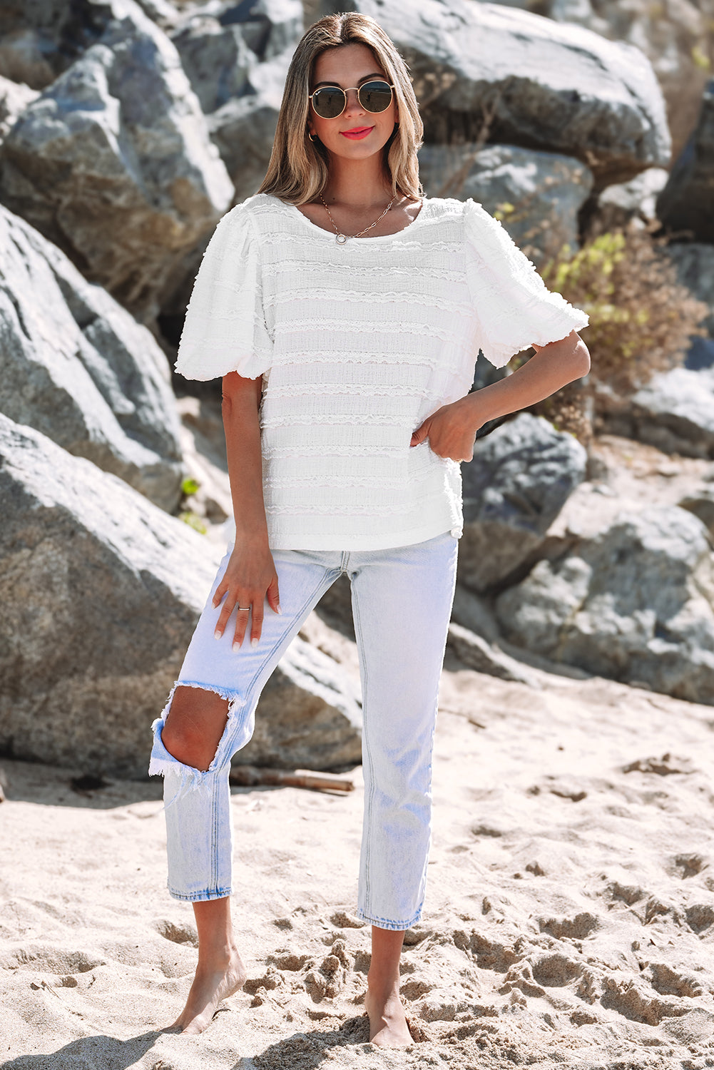Luella Frilled Lace Trim Bubble Sleeve Blouse-3