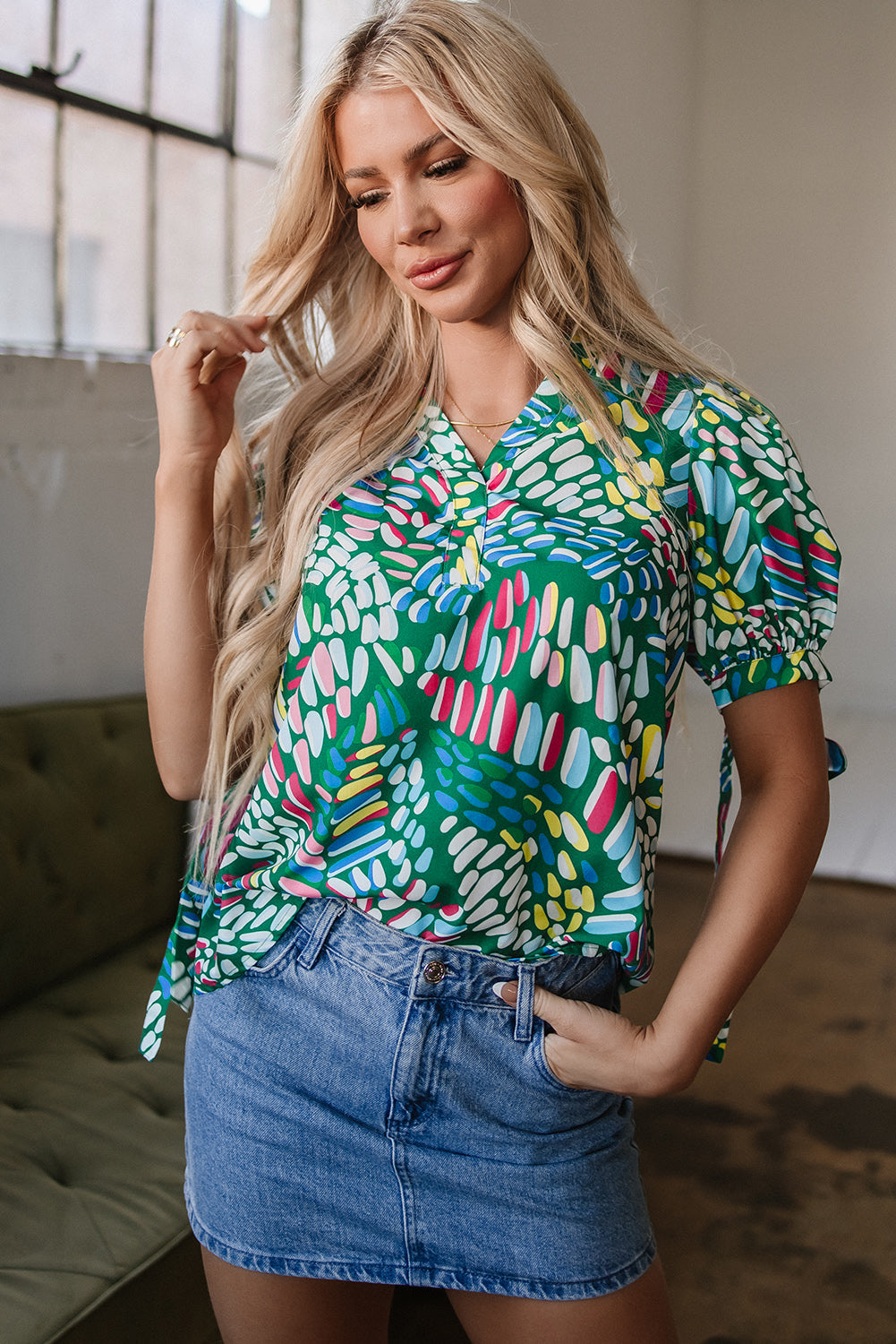 Ellianna Geometric Puff Sleeve Blouse-0