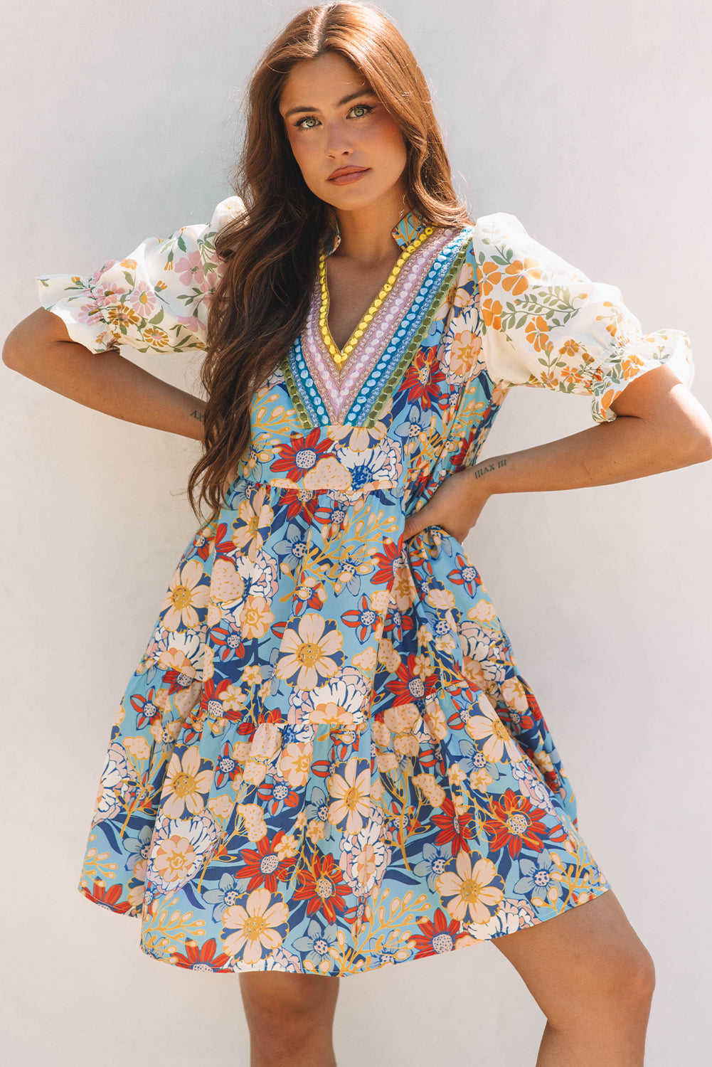 Livia Boho Floral Crochet V Neck Dress-3