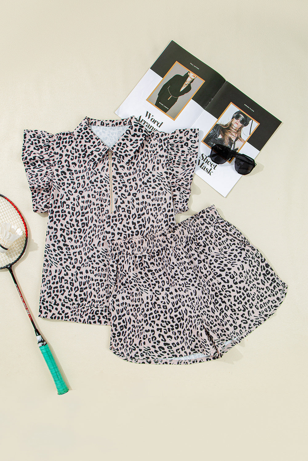Leopard Half Zipper Collared Ruffled Sleeve Top and Short Set-2