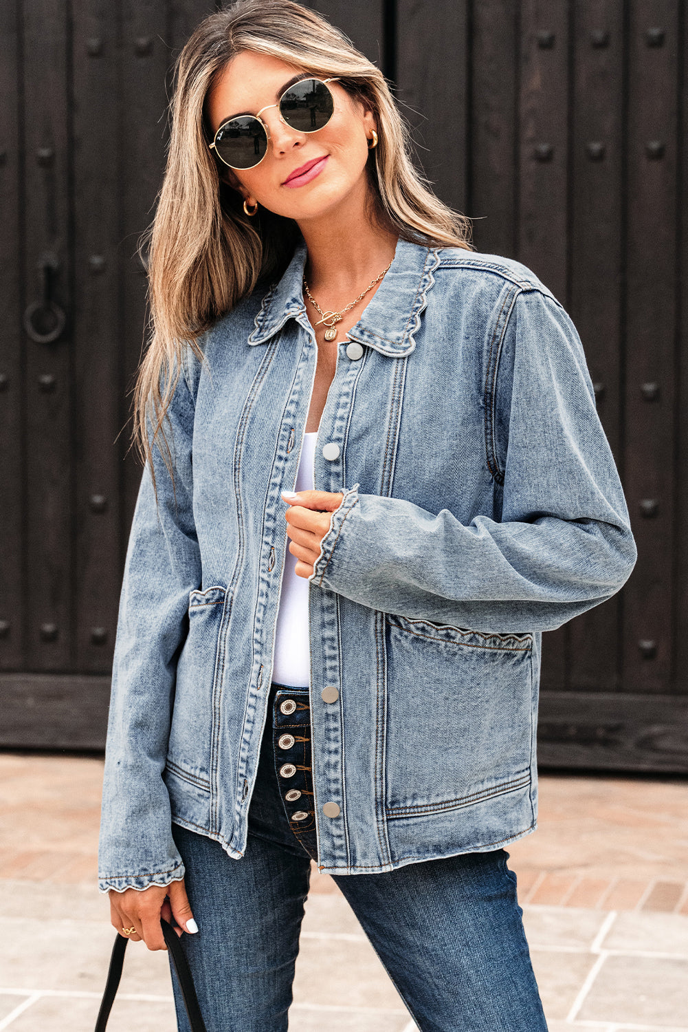 Brooklyn Scallop Trim Button Up Denim Jacket-3