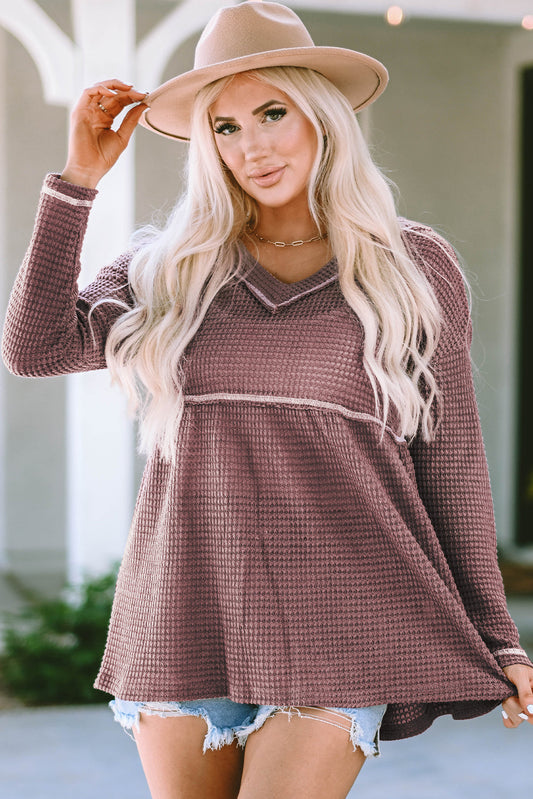 Liana Waffle Knit V Neck Long Sleeve Babydoll Top-0