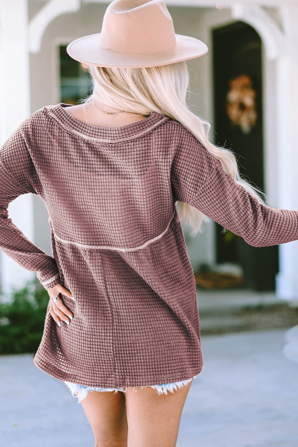 Liana Waffle Knit V Neck Long Sleeve Babydoll Top-1