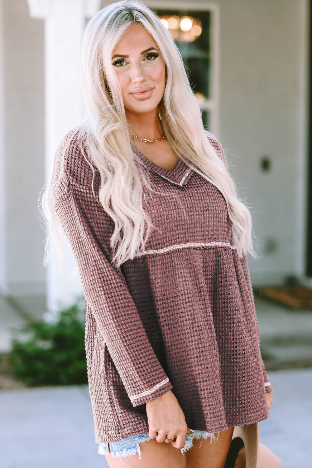 Liana Waffle Knit V Neck Long Sleeve Babydoll Top-2