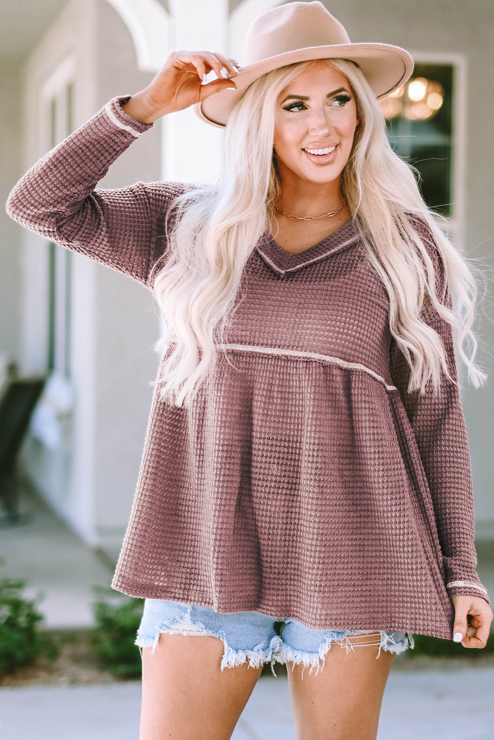 Liana Waffle Knit V Neck Long Sleeve Babydoll Top-3