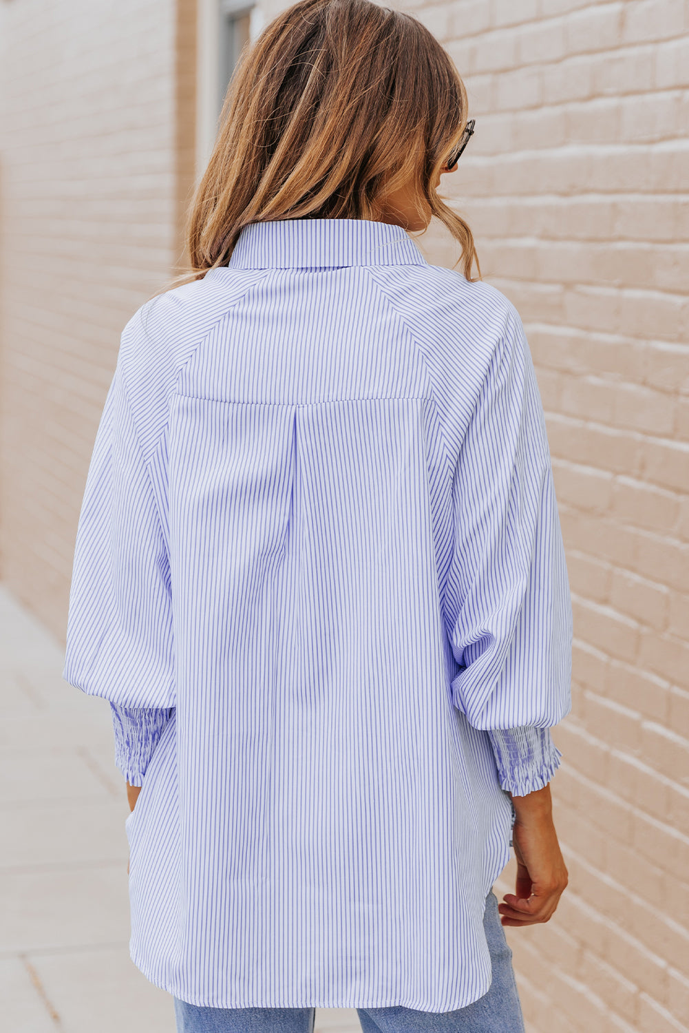 Skye Smocked Cuffed Striped Boyfriend Shirt with Pocket-3