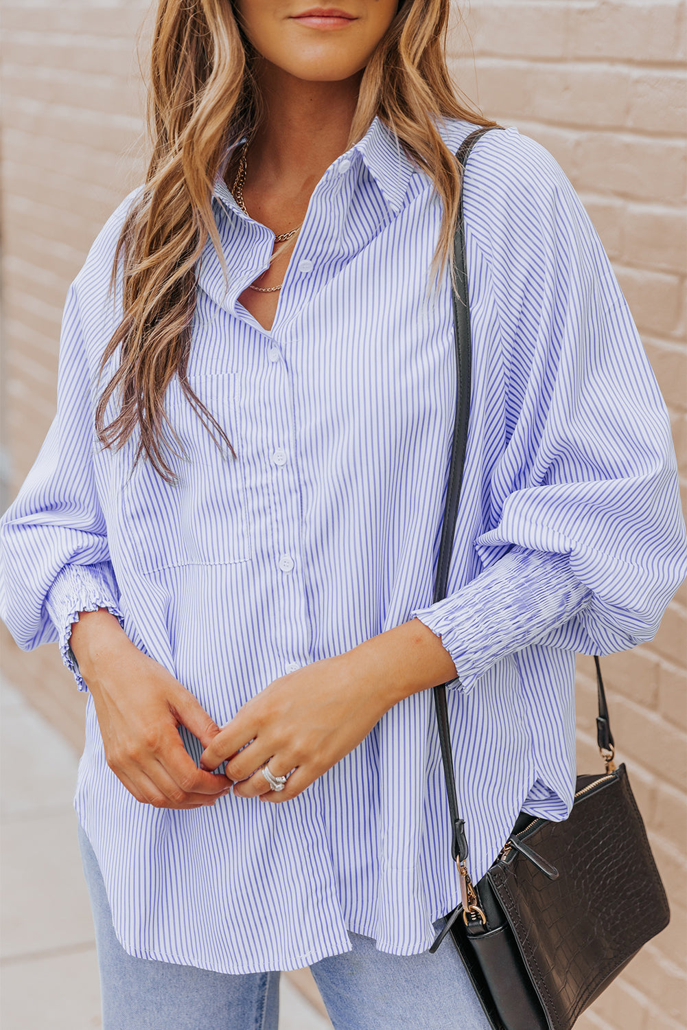Skye Smocked Cuffed Striped Boyfriend Shirt with Pocket-2