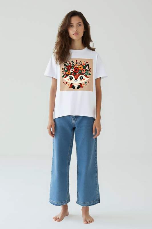 Adorable Floral Fox Oversized Tee Shirt