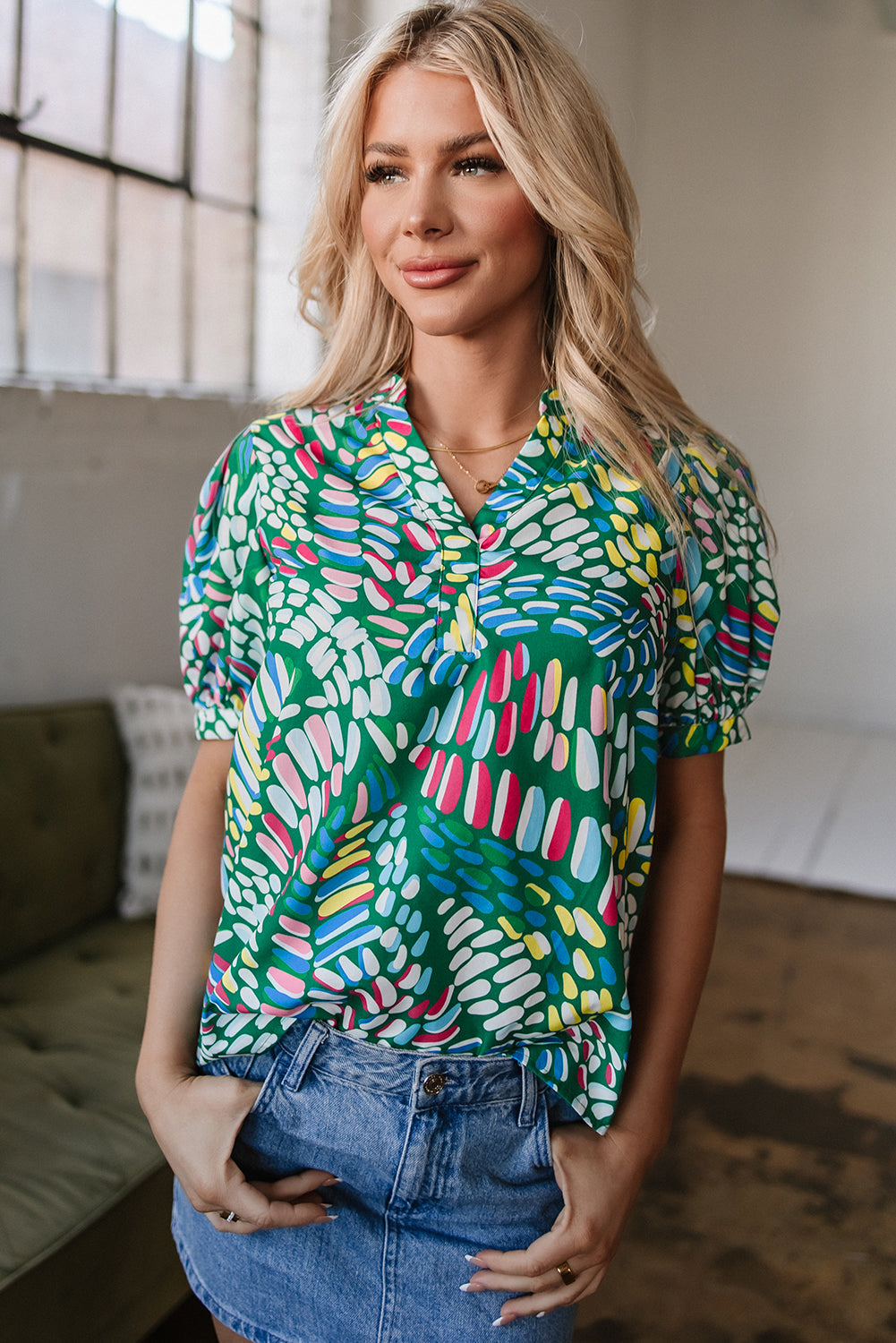 Ellianna Geometric Puff Sleeve Blouse-4