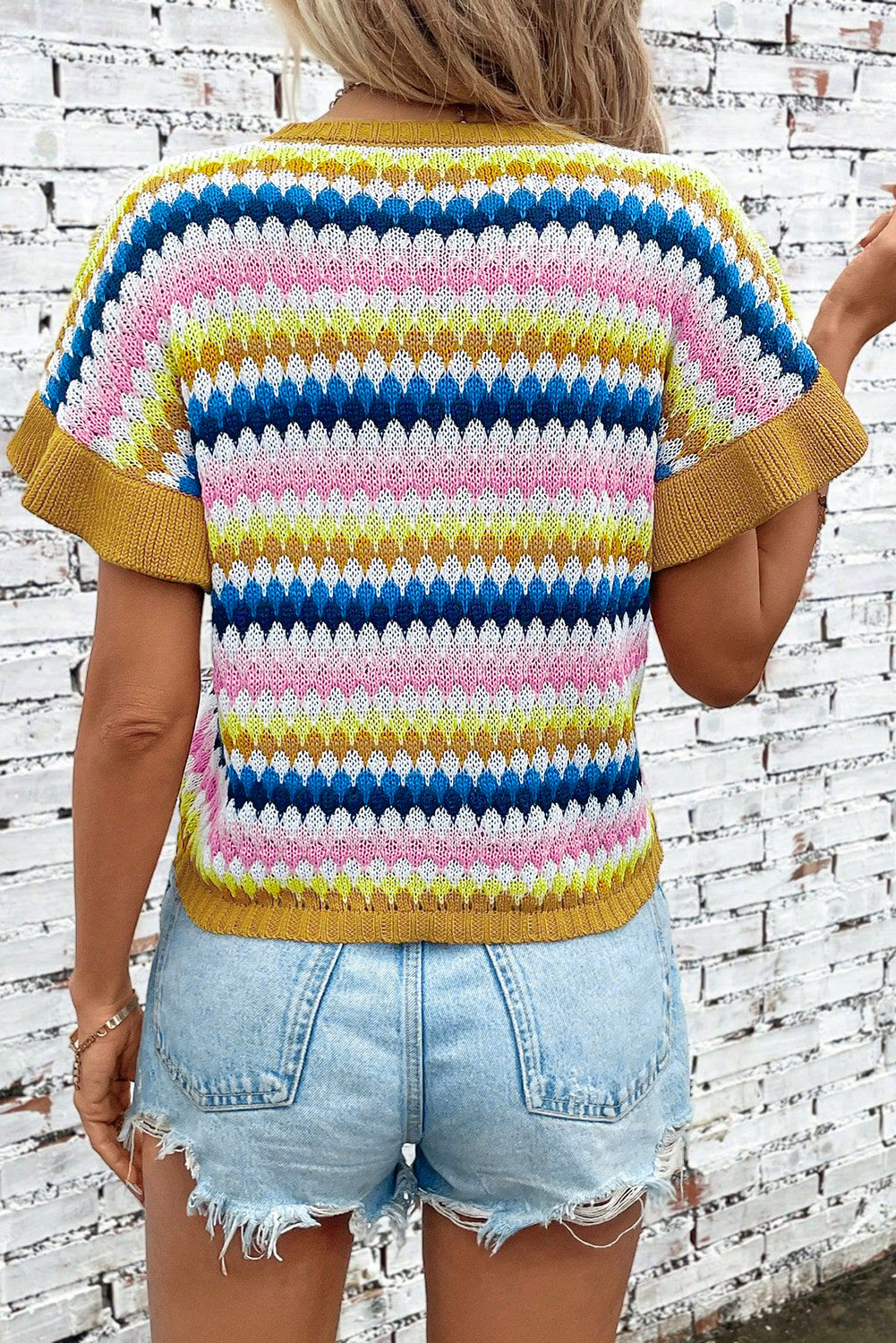 Emely Ruffle Sleeve Colorful Textured Sweater-1