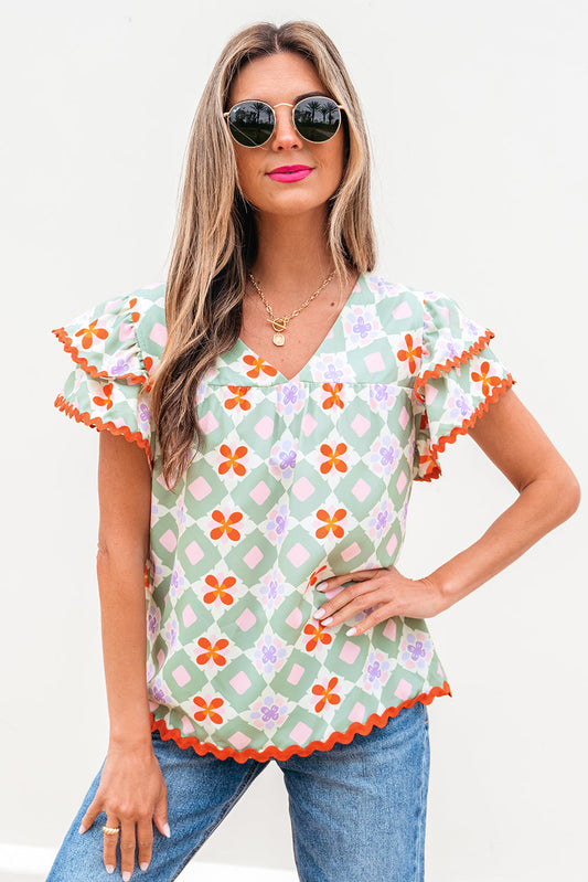 Belen Floral Layered Flutter Sleeve Rac Trim Blouse-0
