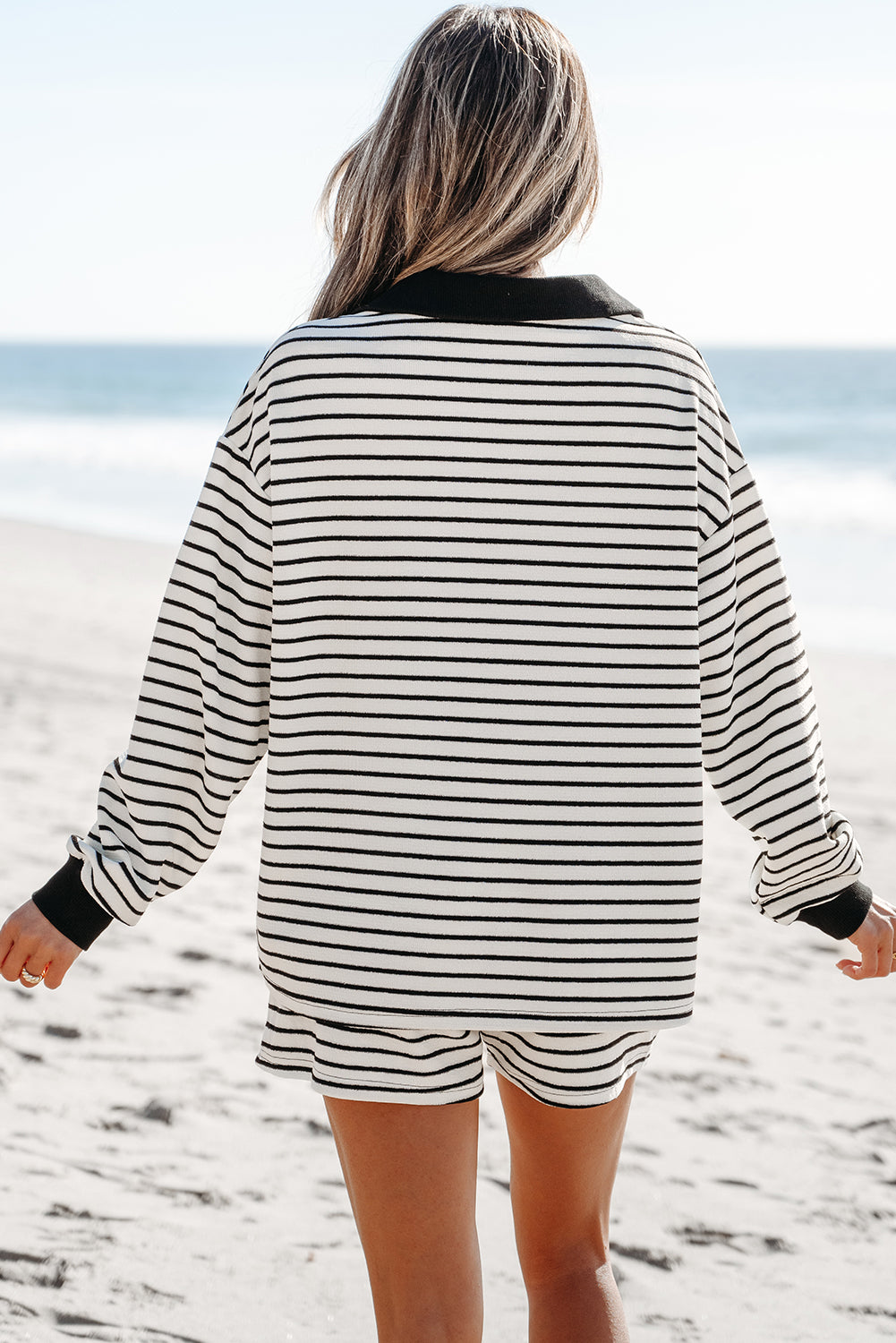 Alivia Stripe Collared Top and Drawstring Shorts Set-1