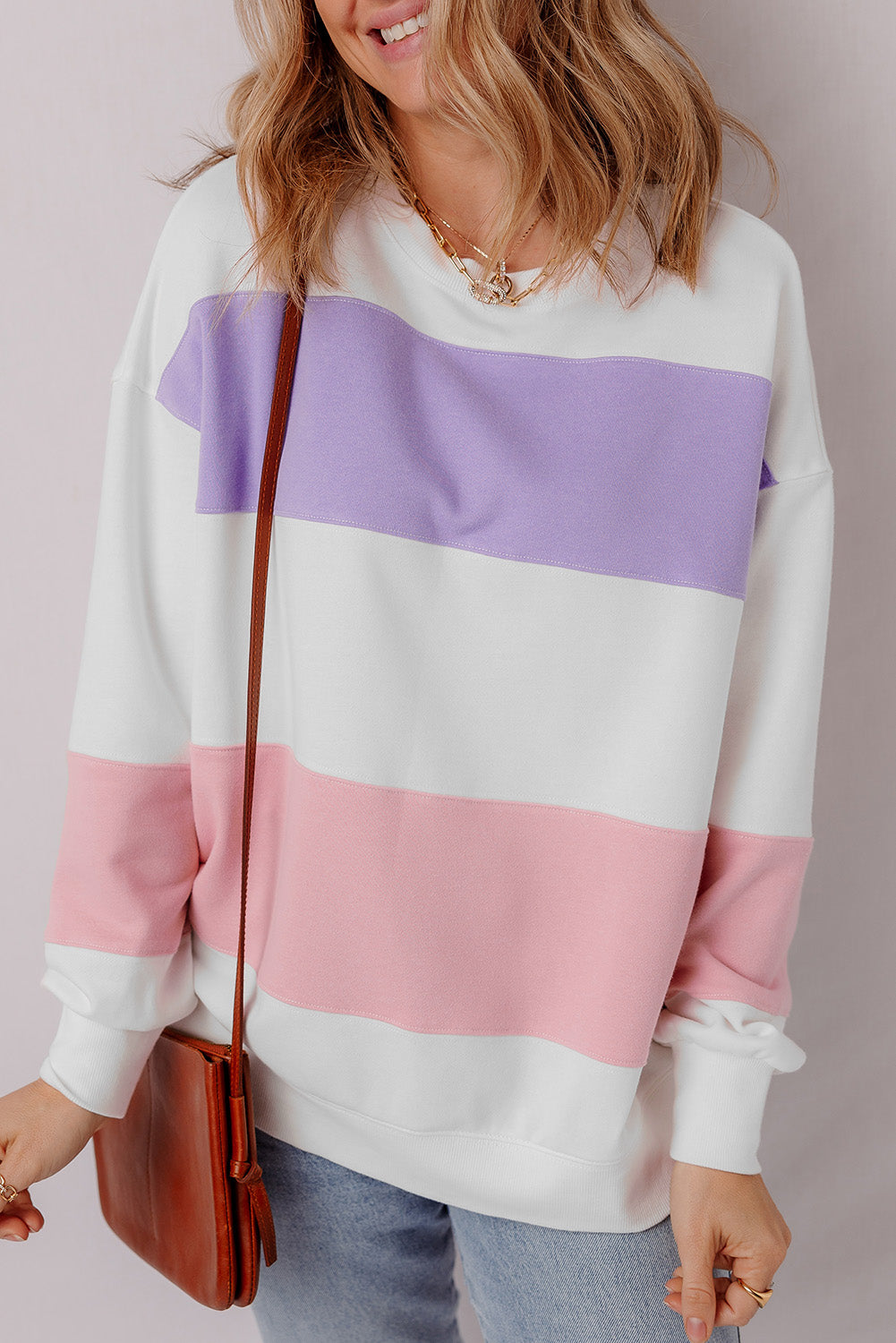 Beige Colorblock Patchwork Drop Shoulder Crewneck Sweatshirt-2