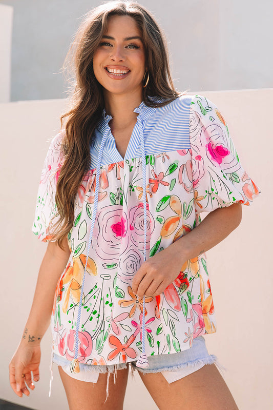 Cameron Floral Striped Yoke Blouse-0