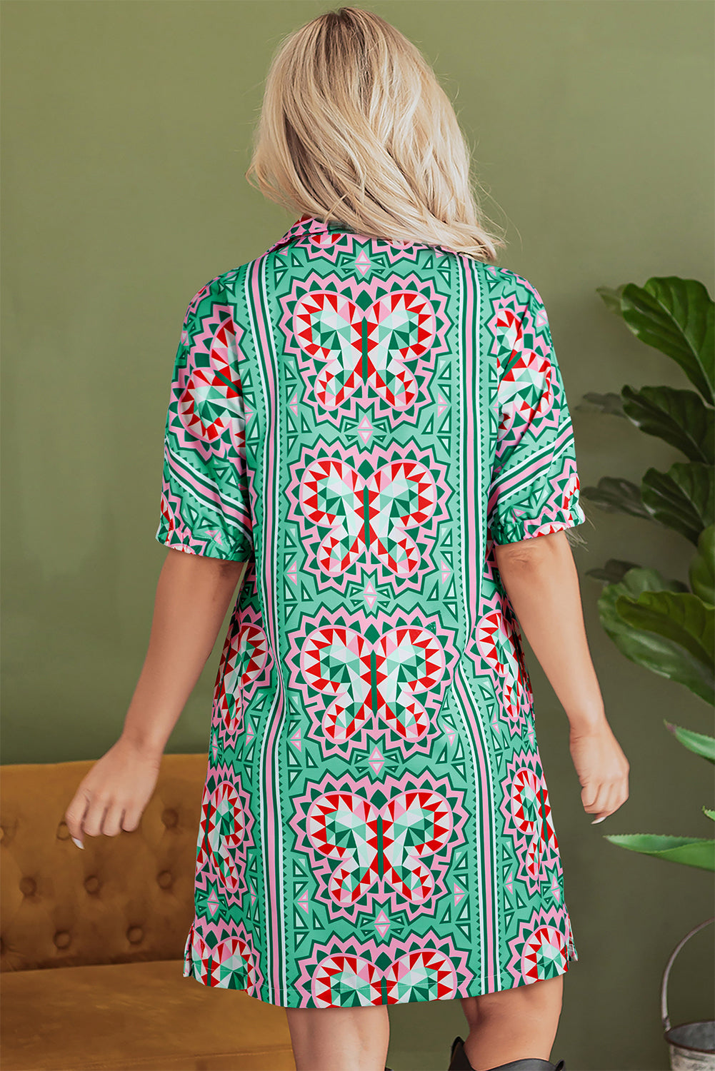 Isabela Butterfly Print Split Neck Short Sleeve Dress-1