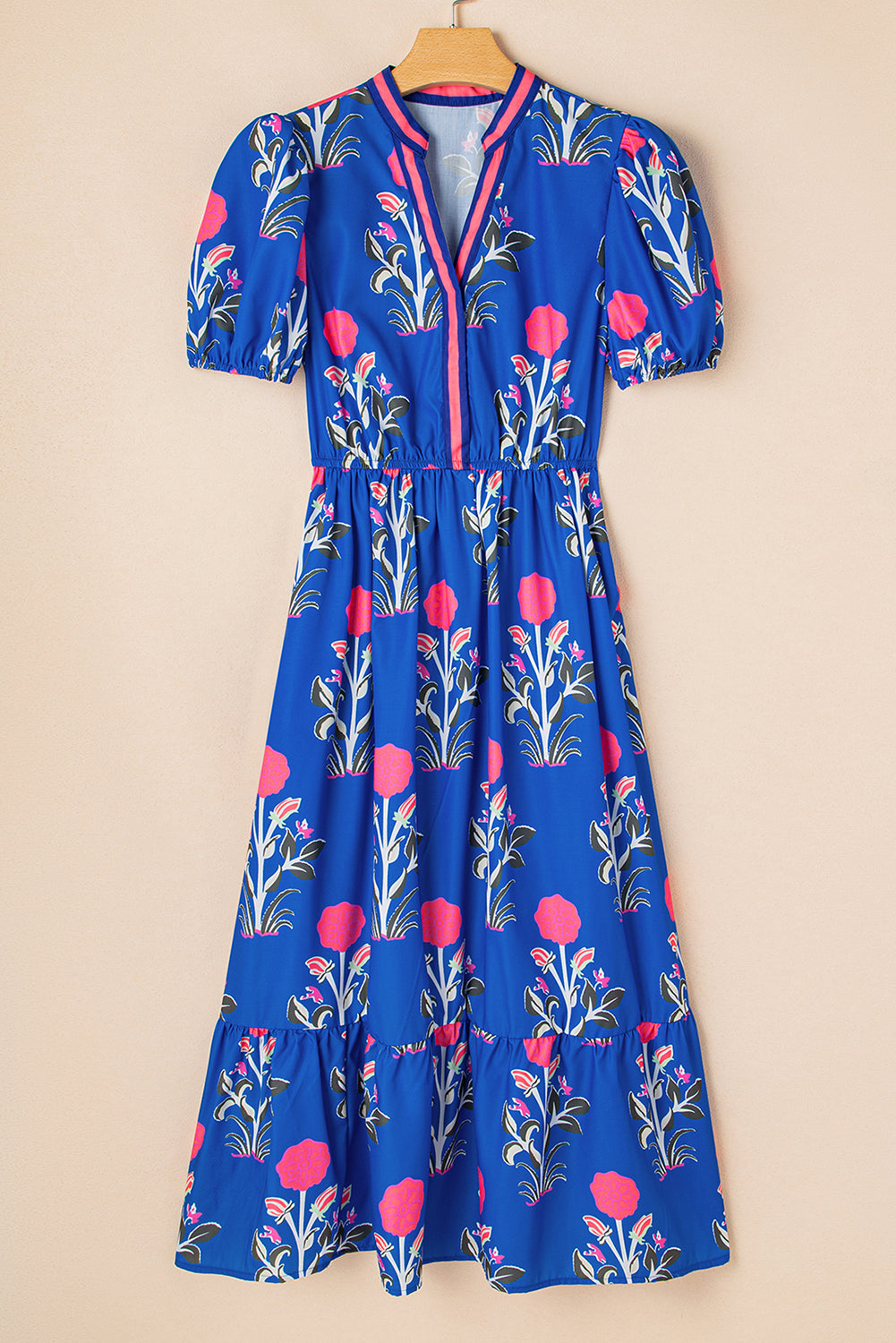 Julietta Floral Puff Short Sleeve V Neck High Waist Maxi Dress-5