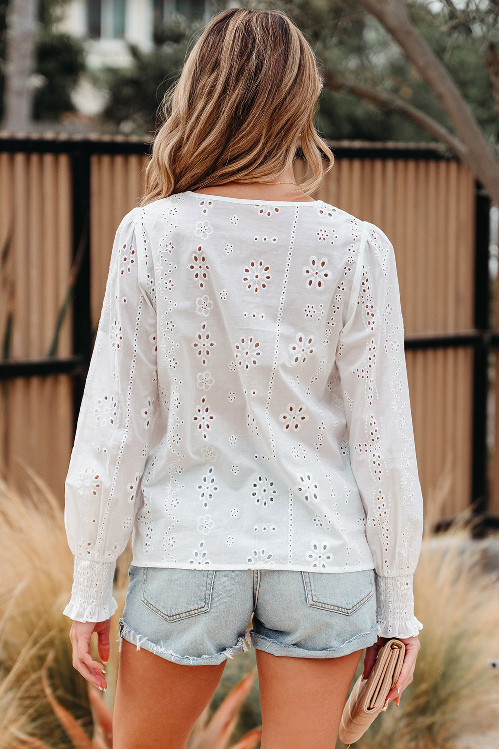 Allison Eyelet Embroidered Smocked Cuff Sheer Blouse-1