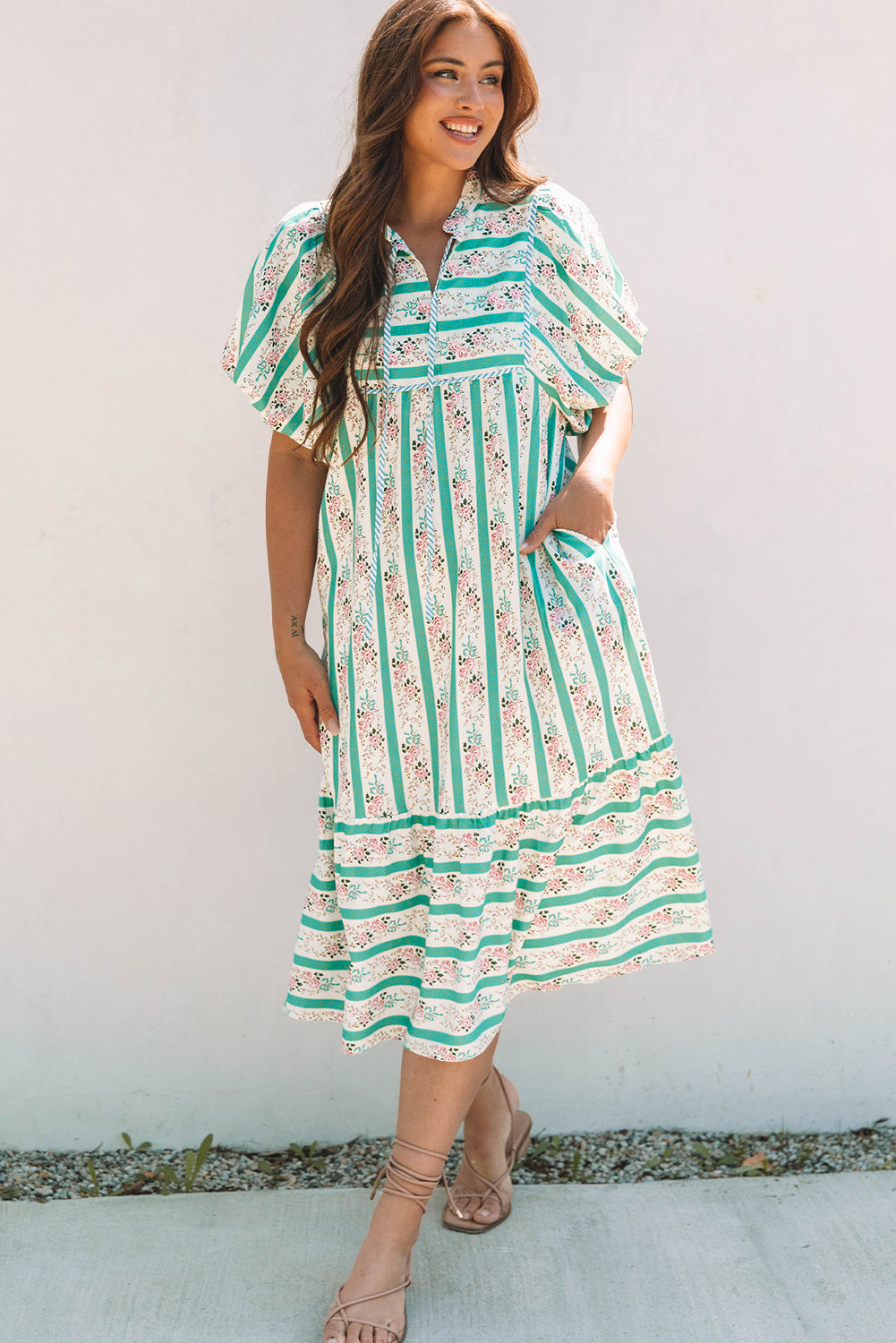 Billie Striped Floral Tie Split Neck Puff Sleeve Midi Dress-3