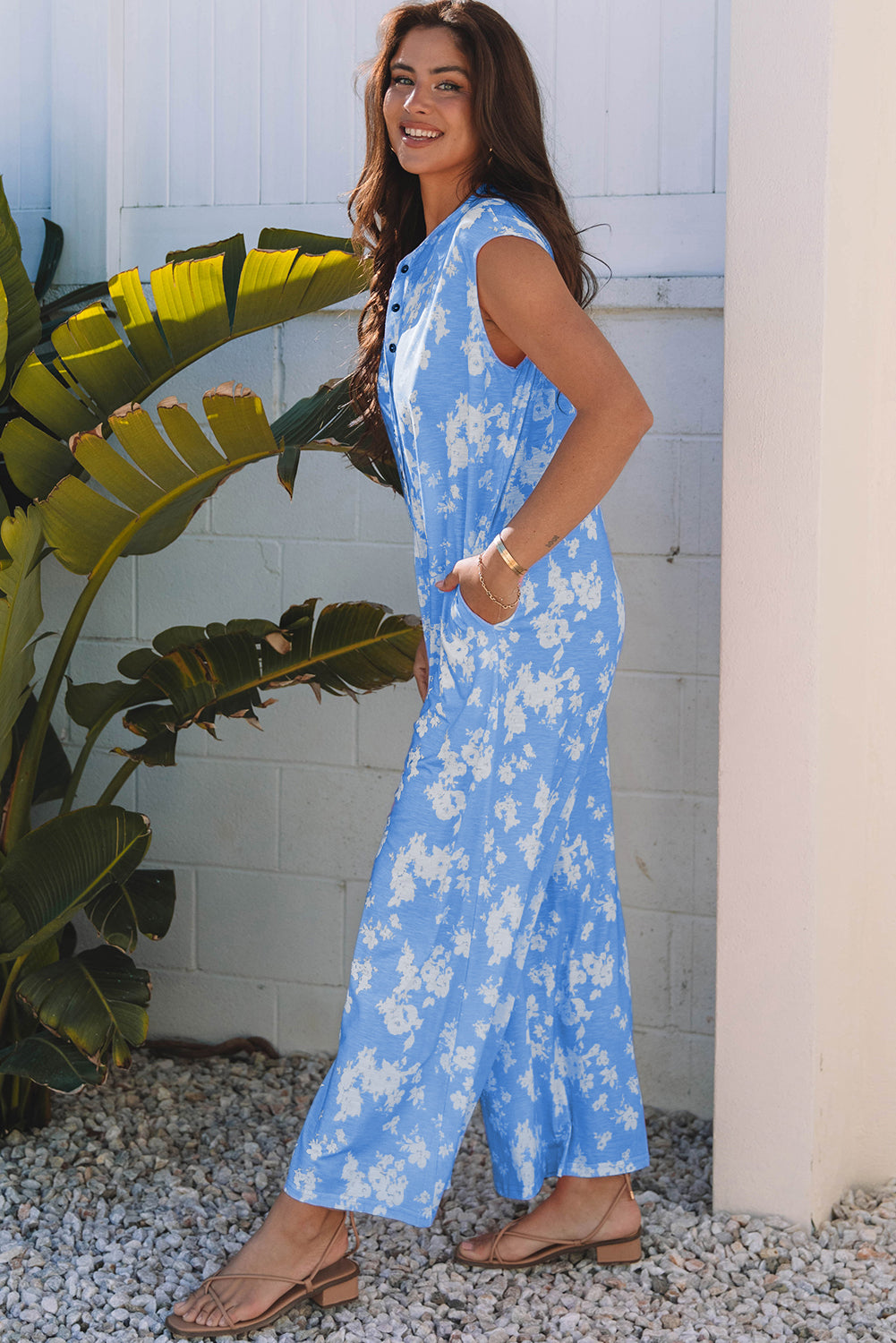 Stella Floral Half Button Wide Leg Jumpsuit-2