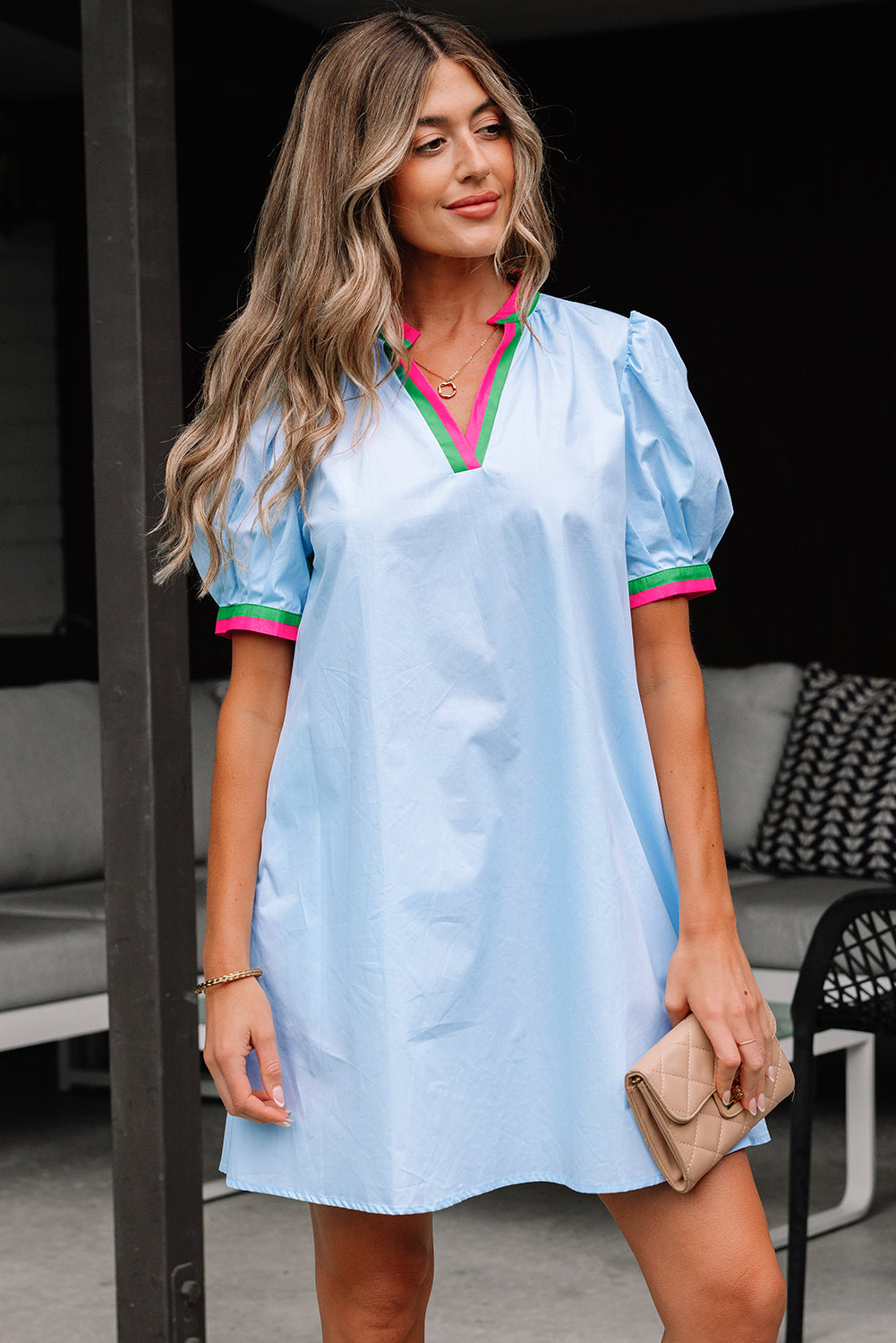 Lily Striped Notched V Neck Puff Sleeve Mini Dress-3