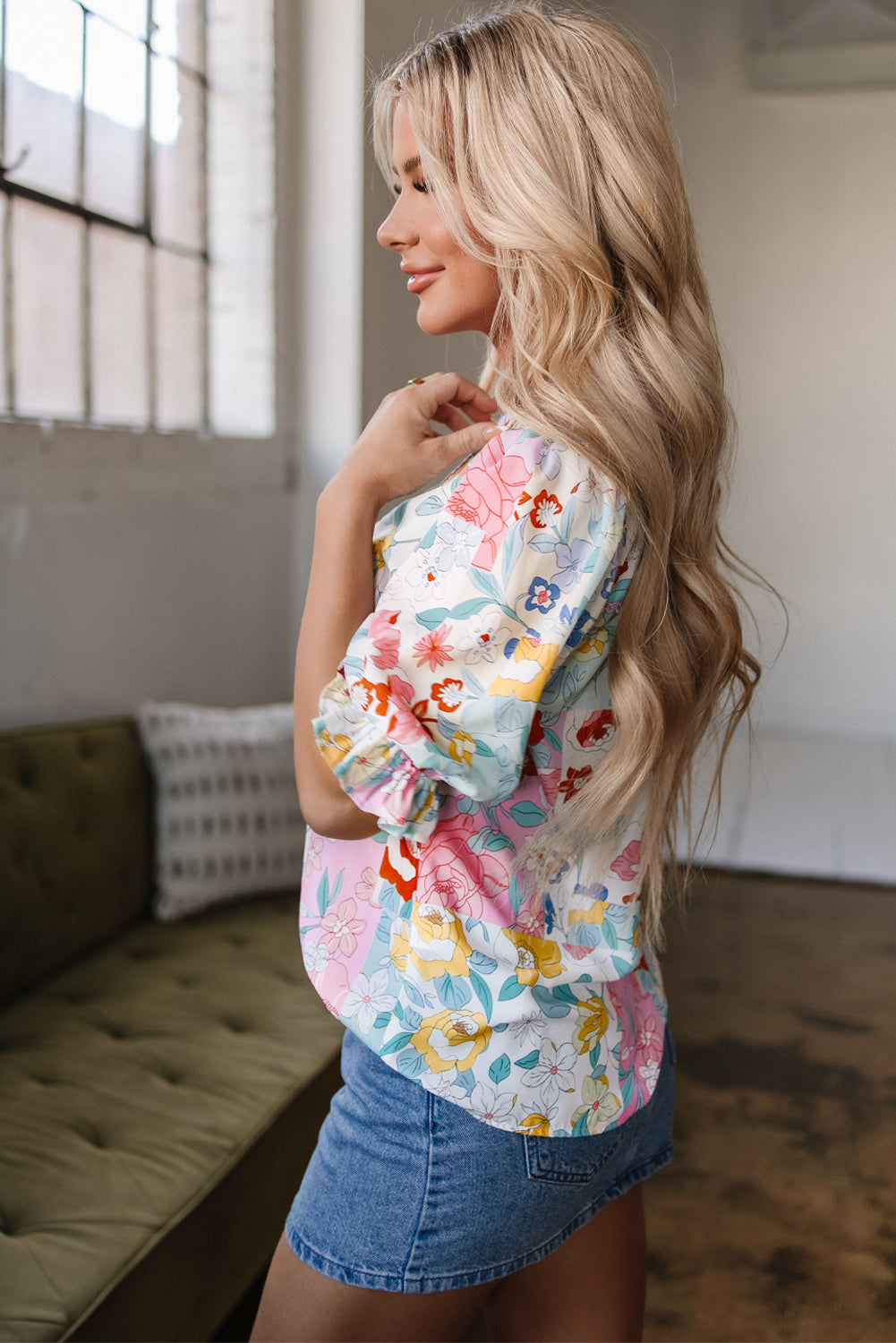 Solana Boho Flower Half Puff Sleeve Blouse-2