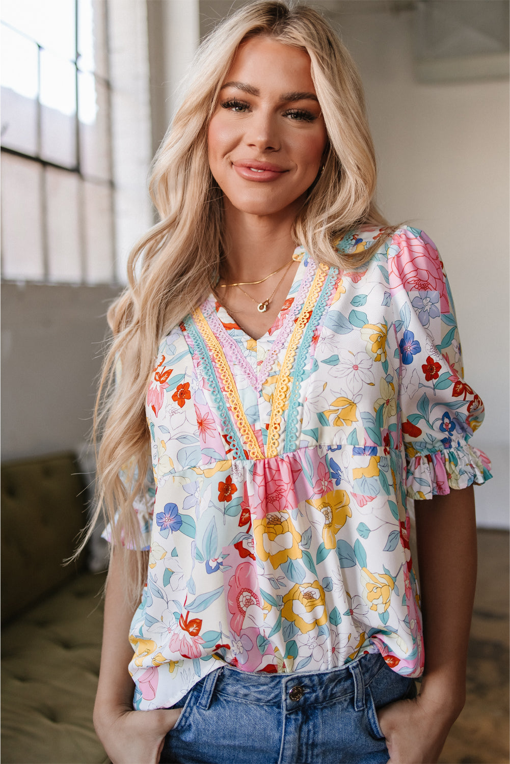 Solana Boho Flower Half Puff Sleeve Blouse-4