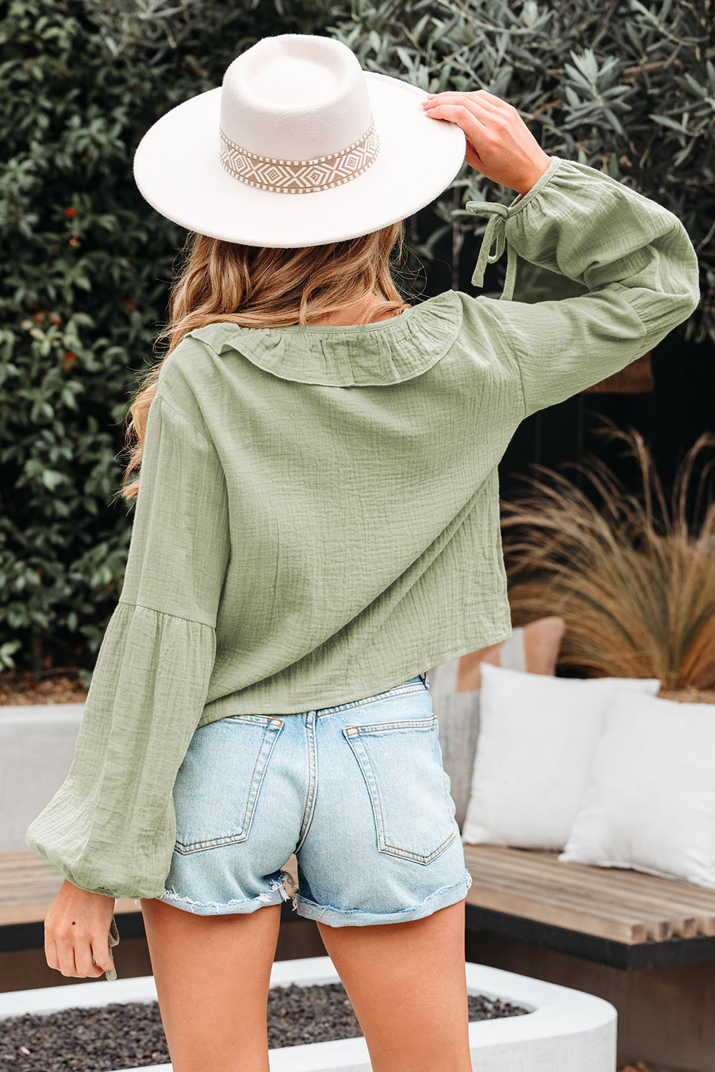 Natalia Bow Tie Front Ruffle Trim Long Sleeve Gauze Blouse-1