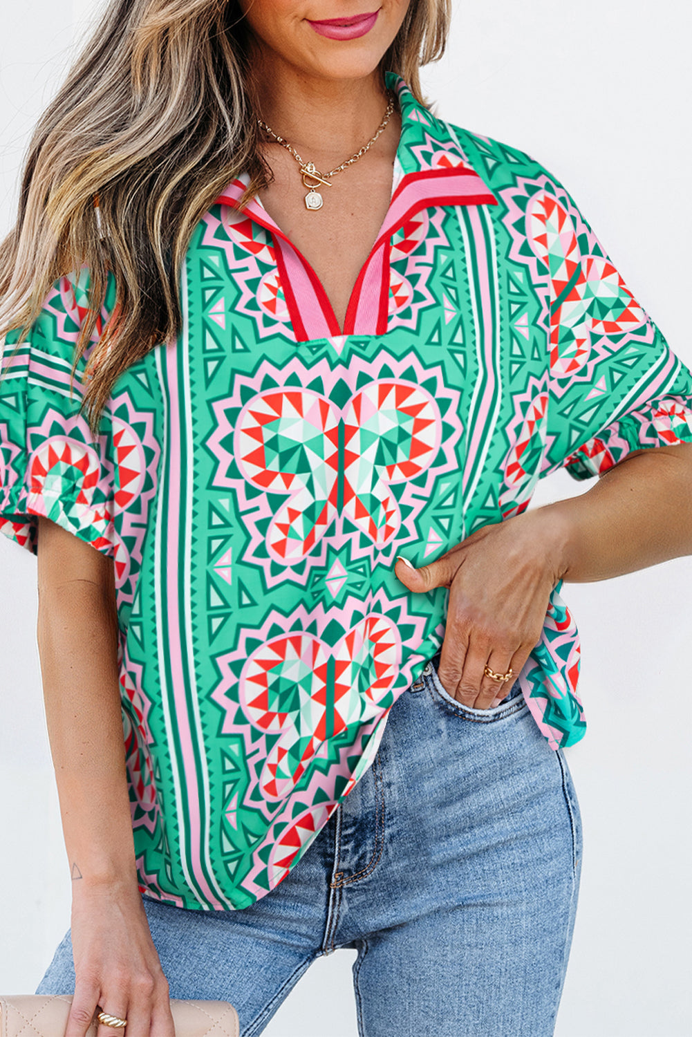 Kamiyah Boho Abstract Striped Collared V Neck Blouse-2
