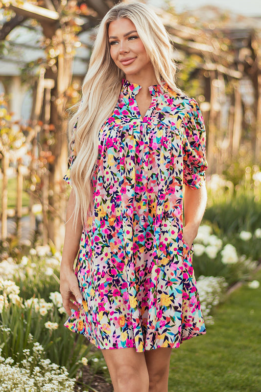 Hadlee Floral Puff Short Sleeve V Neck Mini Dress-0