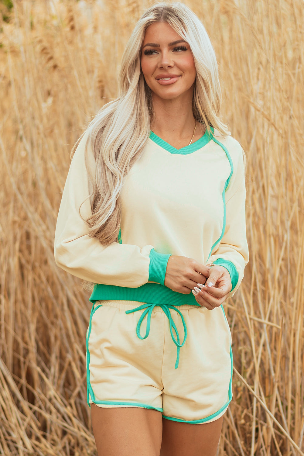 Wren Long Sleeve Pullover and Drawstring Shorts Outfit-4