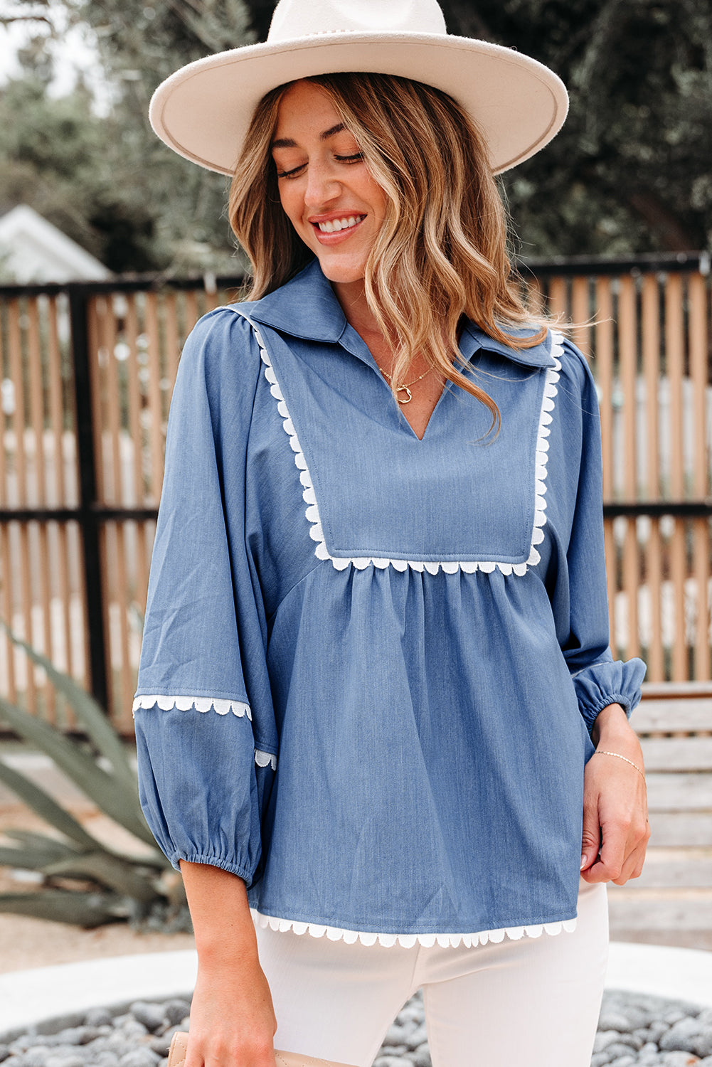 Nevaeh Lace Ric Rac 3/4 Puff Sleeve Collared Babydoll Blouse-3