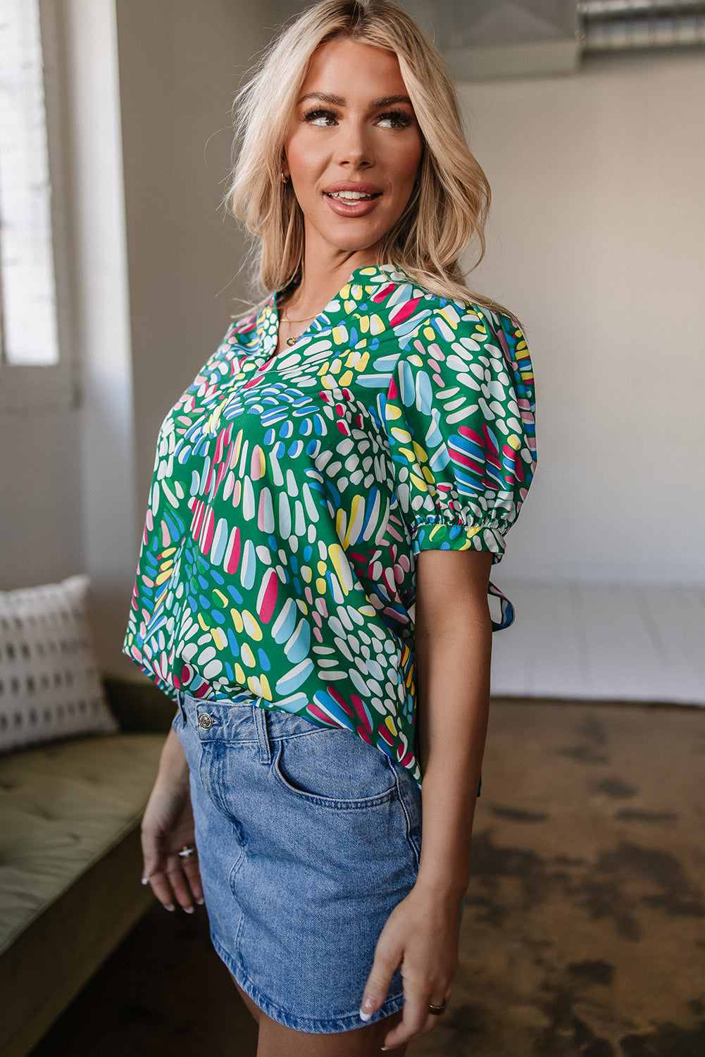 Ellianna Geometric Puff Sleeve Blouse-3