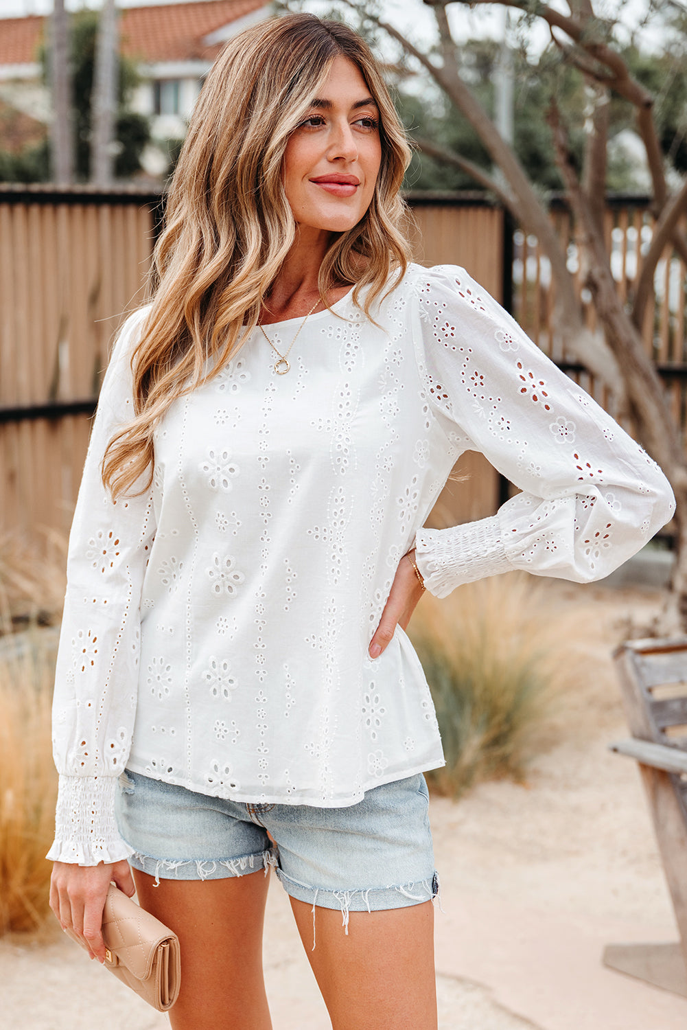 Allison Eyelet Embroidered Smocked Cuff Sheer Blouse-4