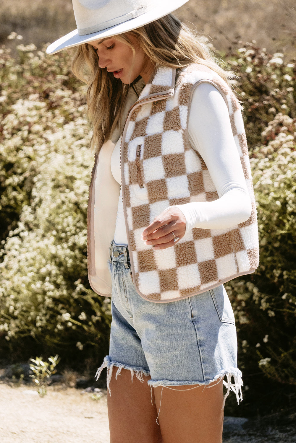 Mindi Checkered Sherpa Collared Jacket Vest-2