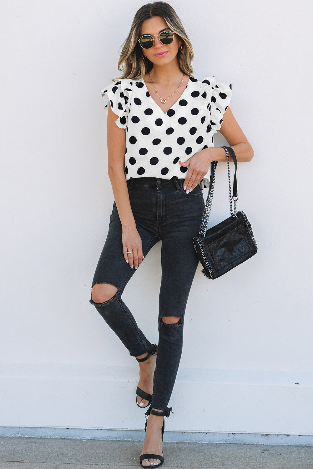 Halo Polka Dot Ruffled Sleeve V Neck Blouse-3