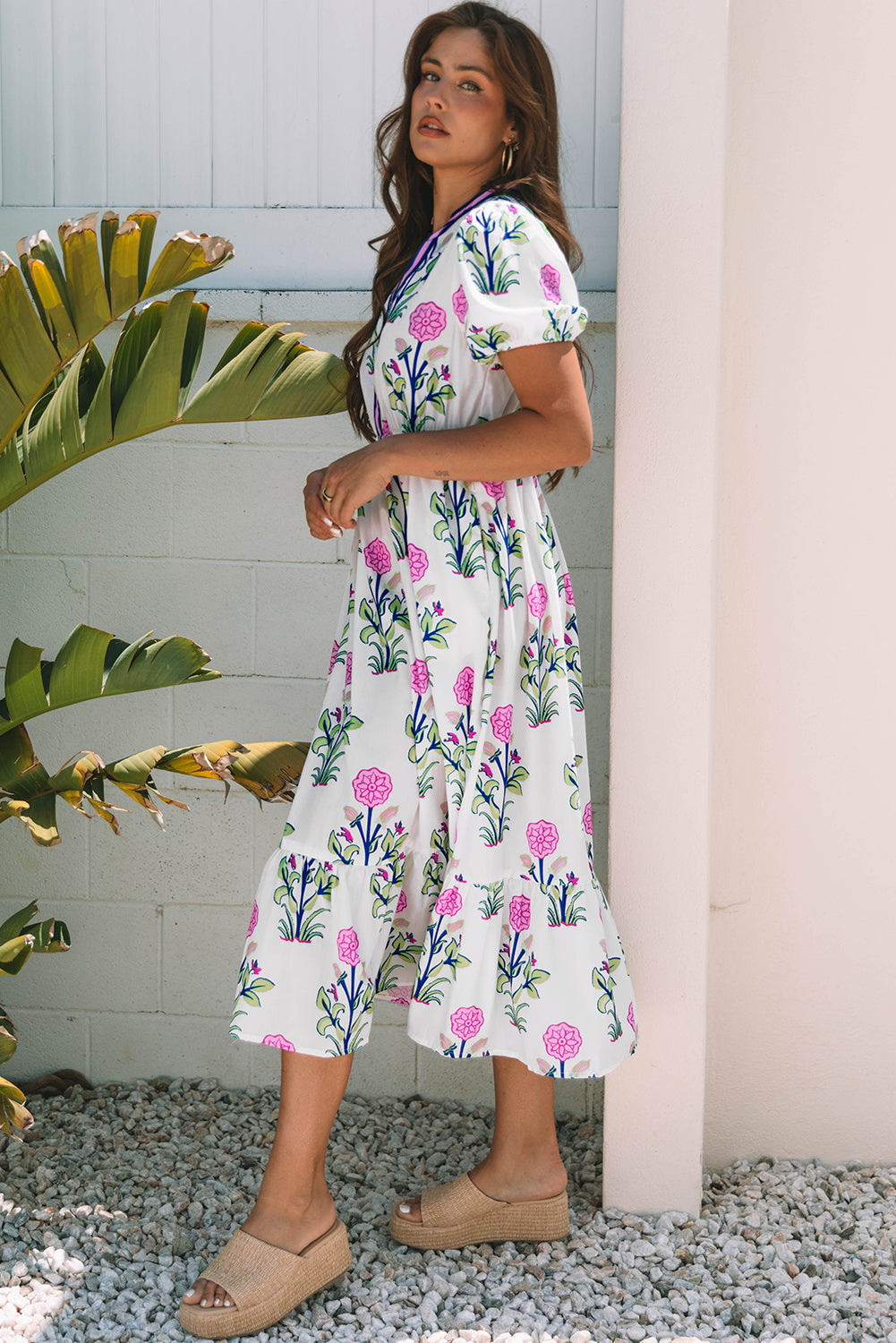 Julietta Floral Puff Short Sleeve V Neck High Waist Maxi Dress-2
