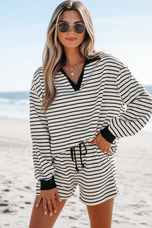 Alivia Stripe Collared Top and Drawstring Shorts Set-0