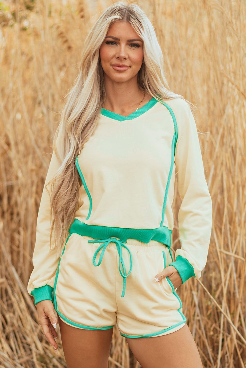 Wren Long Sleeve Pullover and Drawstring Shorts Outfit-0