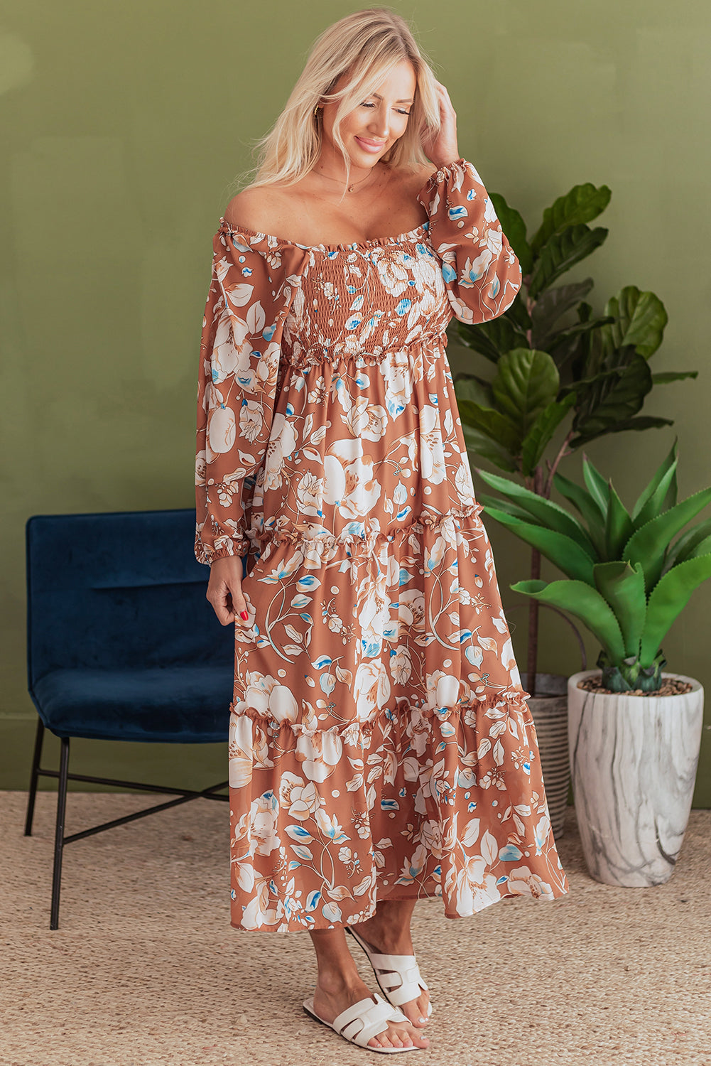 Willow Floral Shirred Square Neck High Waist Maxi Dress-3