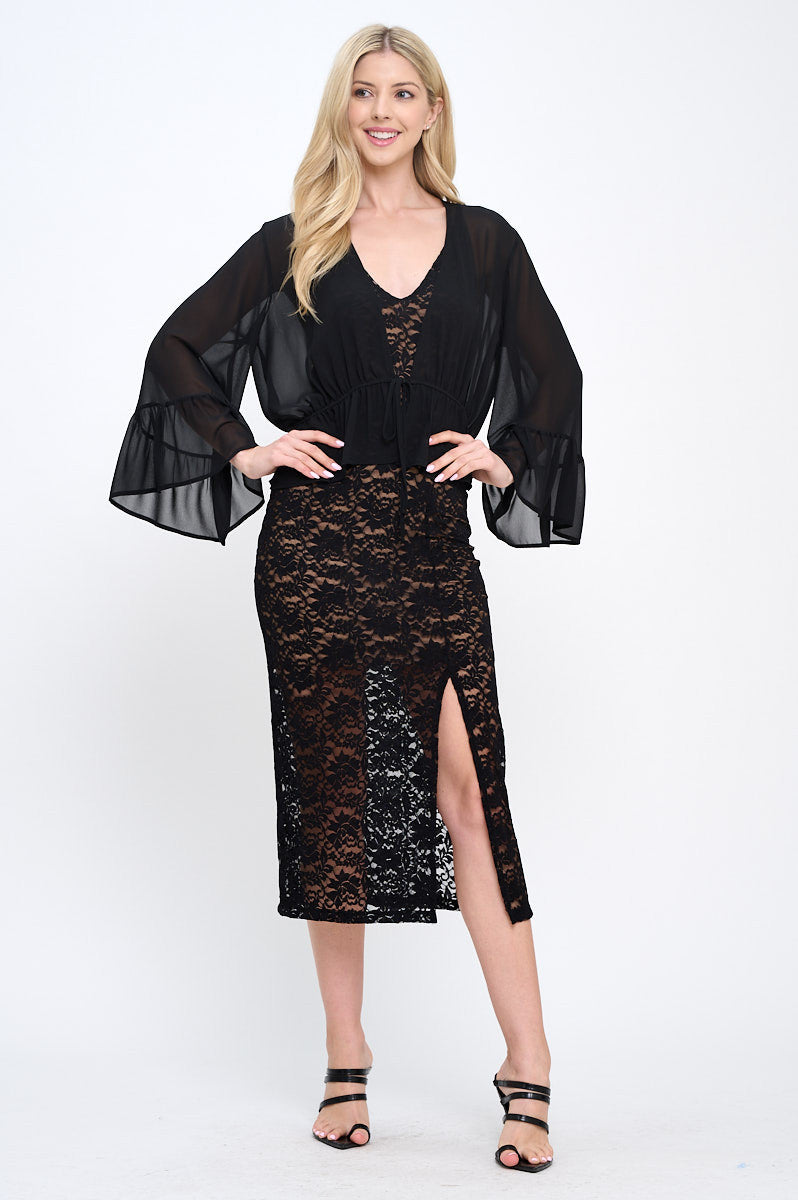 Solid Sheer Deep V neck Tie Top with Bell Sleeve-4