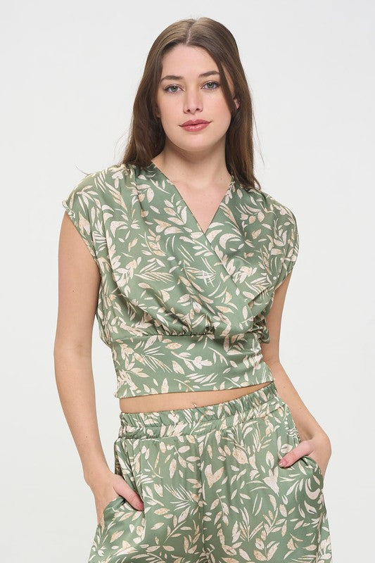 Satin Floral Print V neck Crop Top w Smock Back Detail-0