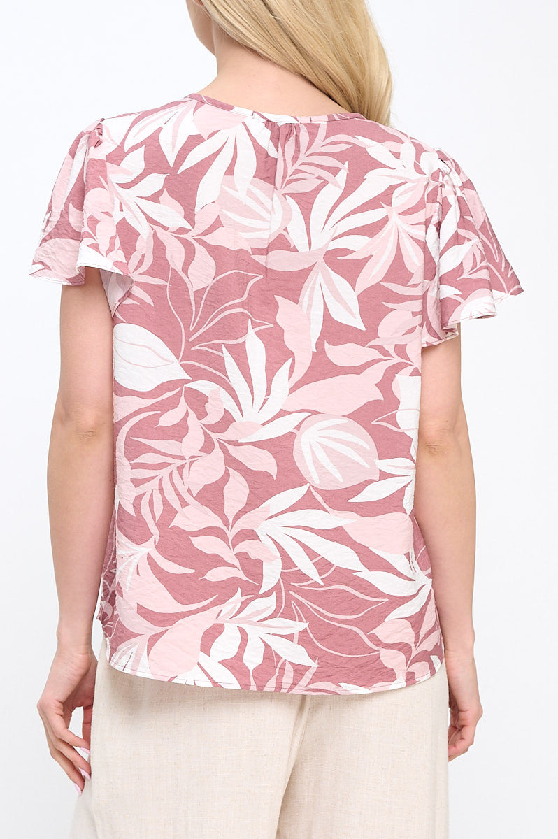 Leaf Print V neck Top with Flutter Sleeve-3
