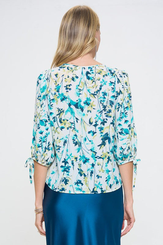 Flower Print V neck Top with Self Tie Sleeves-3
