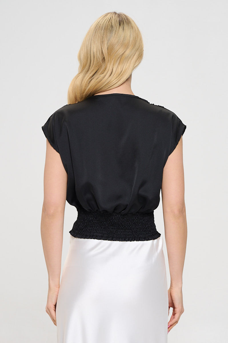 Solid Satin V neck Crop Top w Smock Back Detail-3