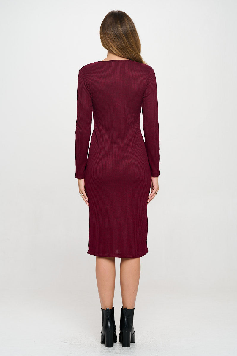 Rib Knit Round neck Bodycon Midi Dress with Side Slit-3