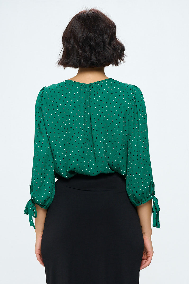 Green Print V neck Top with Sleeve Tie-3