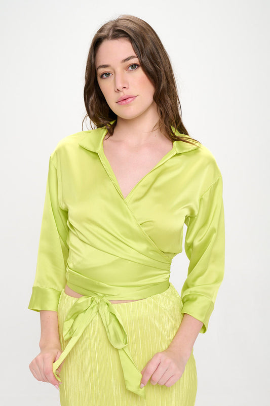 Silky Satin Collared V neck Wrap Top with Tie-0